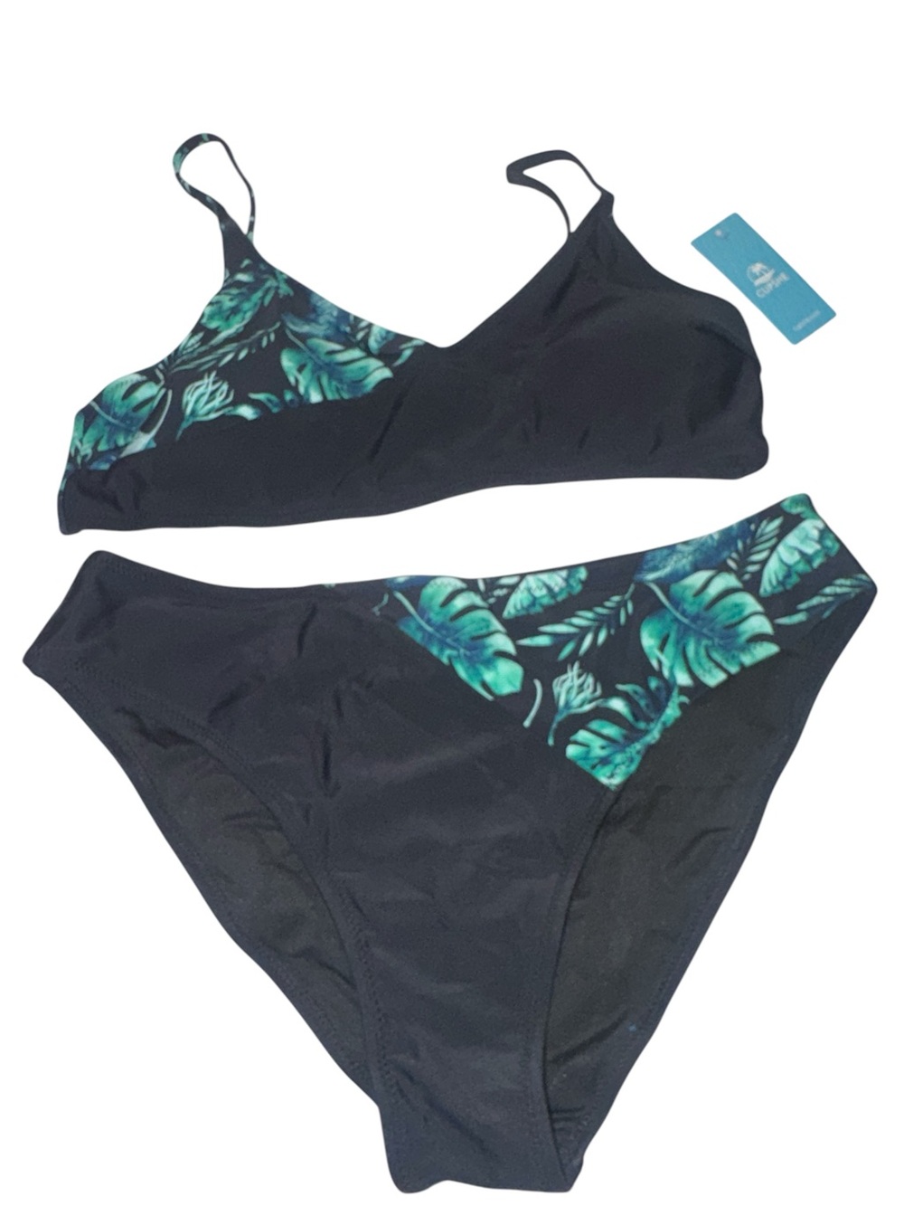 Cupshe Black Bikini Set with Green Tropical Leaf Accents